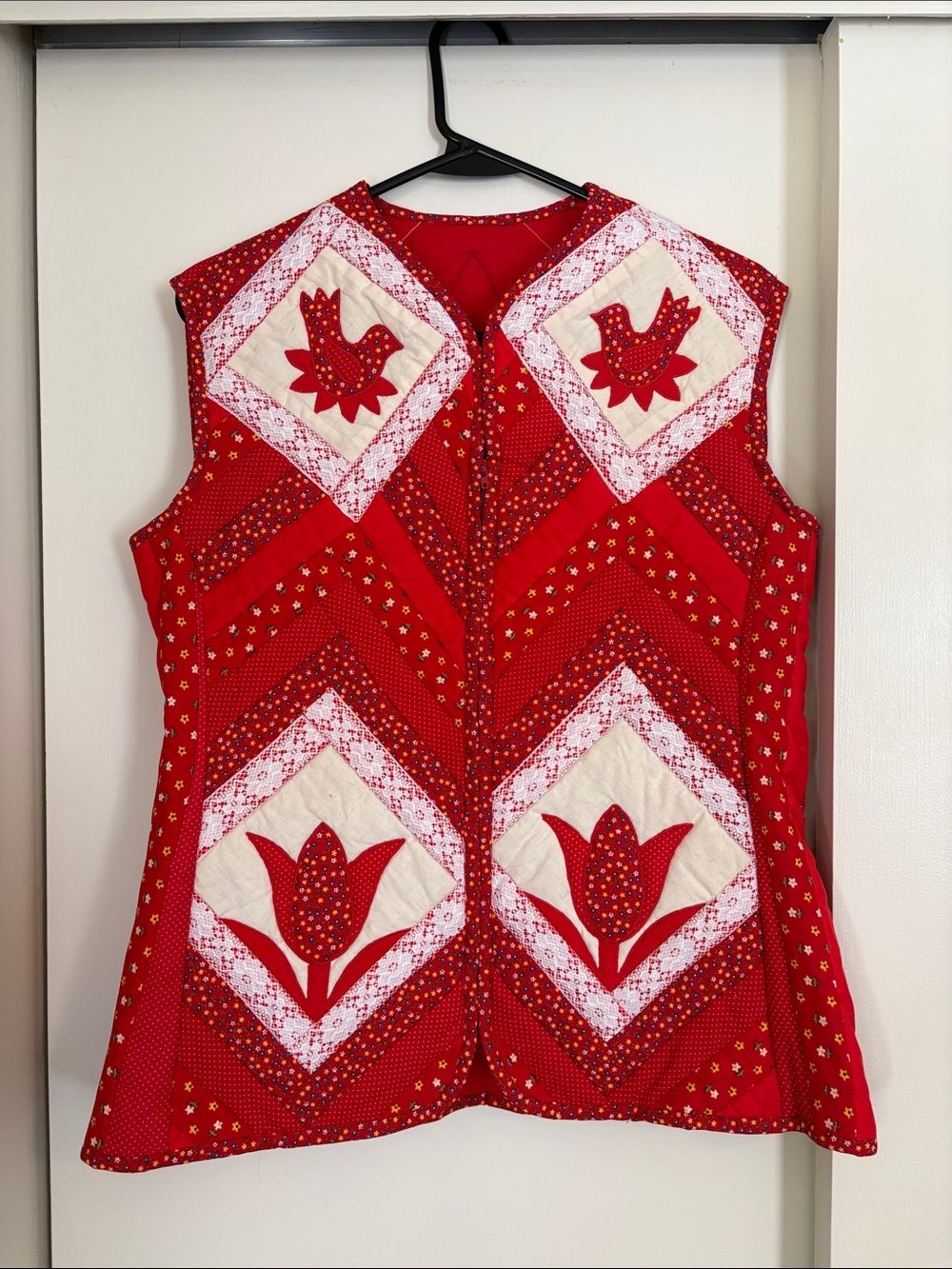 Red Quilted Floral Patchwork Vest